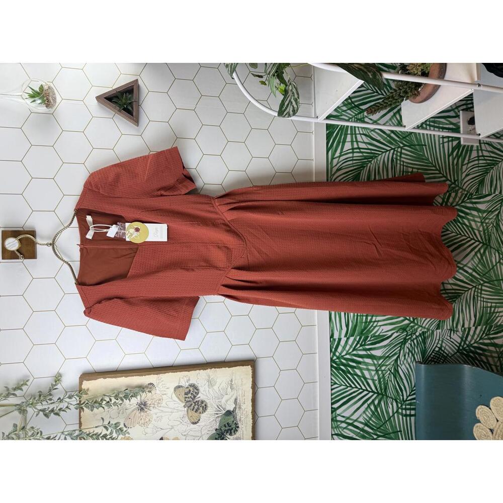 Rust Midi Dress with Puff Sleeves
